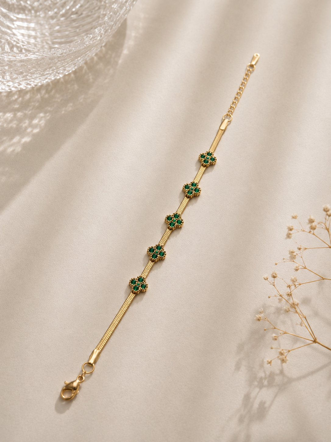 Emerald Green Clover Gold Flat-Chain Bracelet