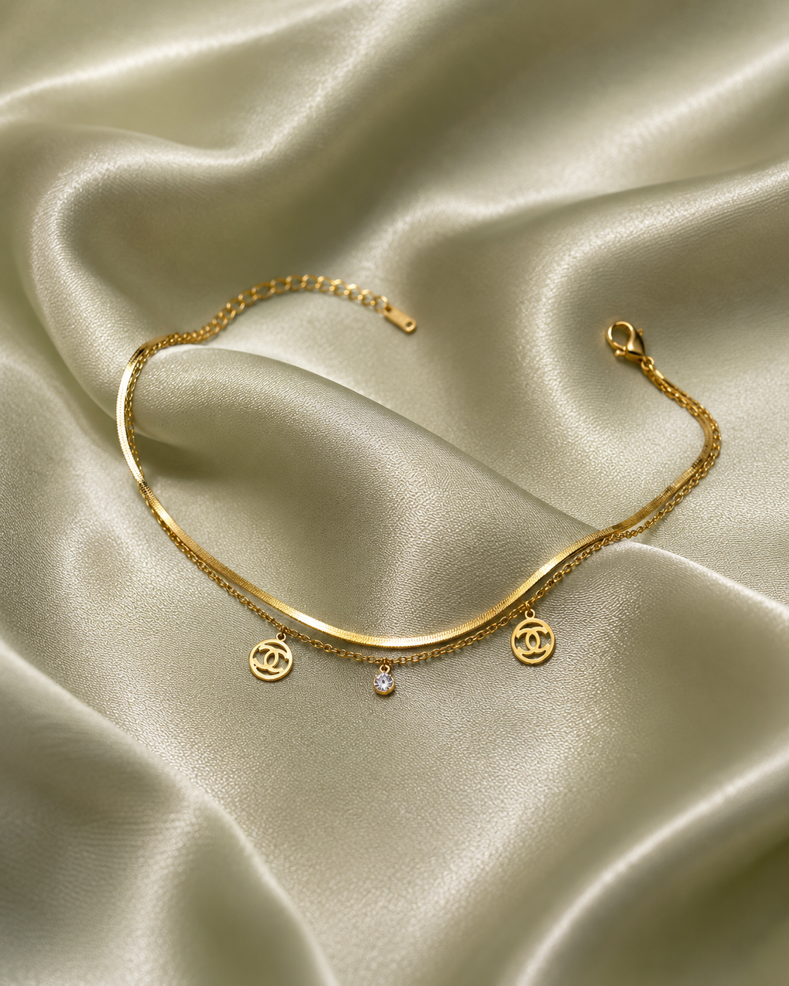 Layered Herringbone Gold Anklet with Geometric Charms